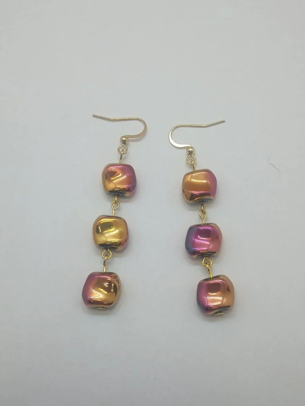 Pink and Gold Iridescent 3 Bead Dangle Earrings - Picture 3 of 6